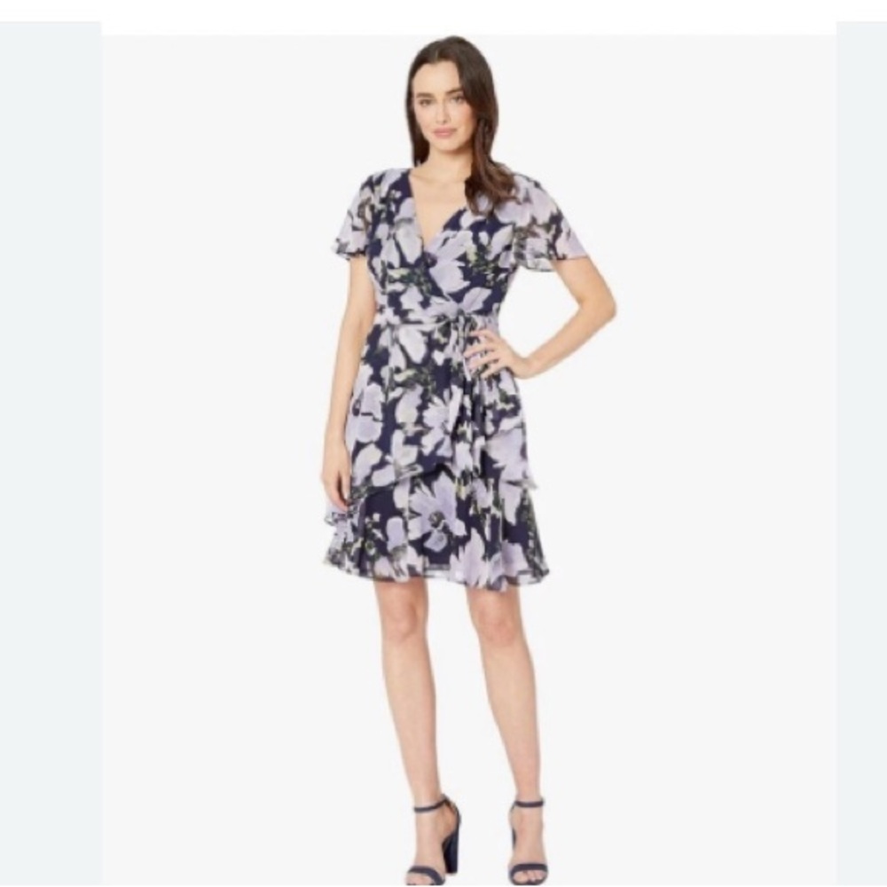 Tahari ASL Lavender Navy Floral Spring Wedding Guest Dress size 8P